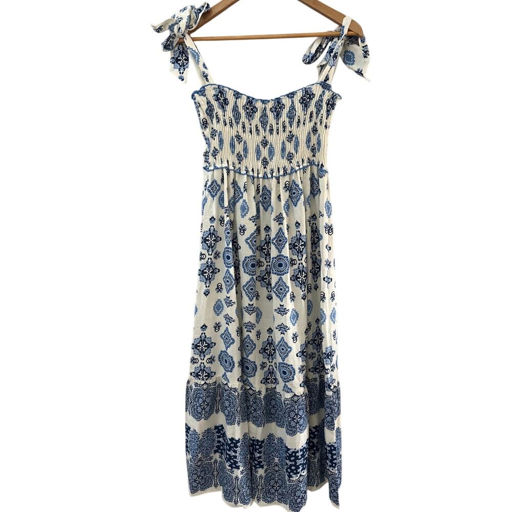 Zara Smocked Tie Strap Boho Linen Maxi Tiered‎ Dress Grecian Print Size Large - Picture 5 of 10